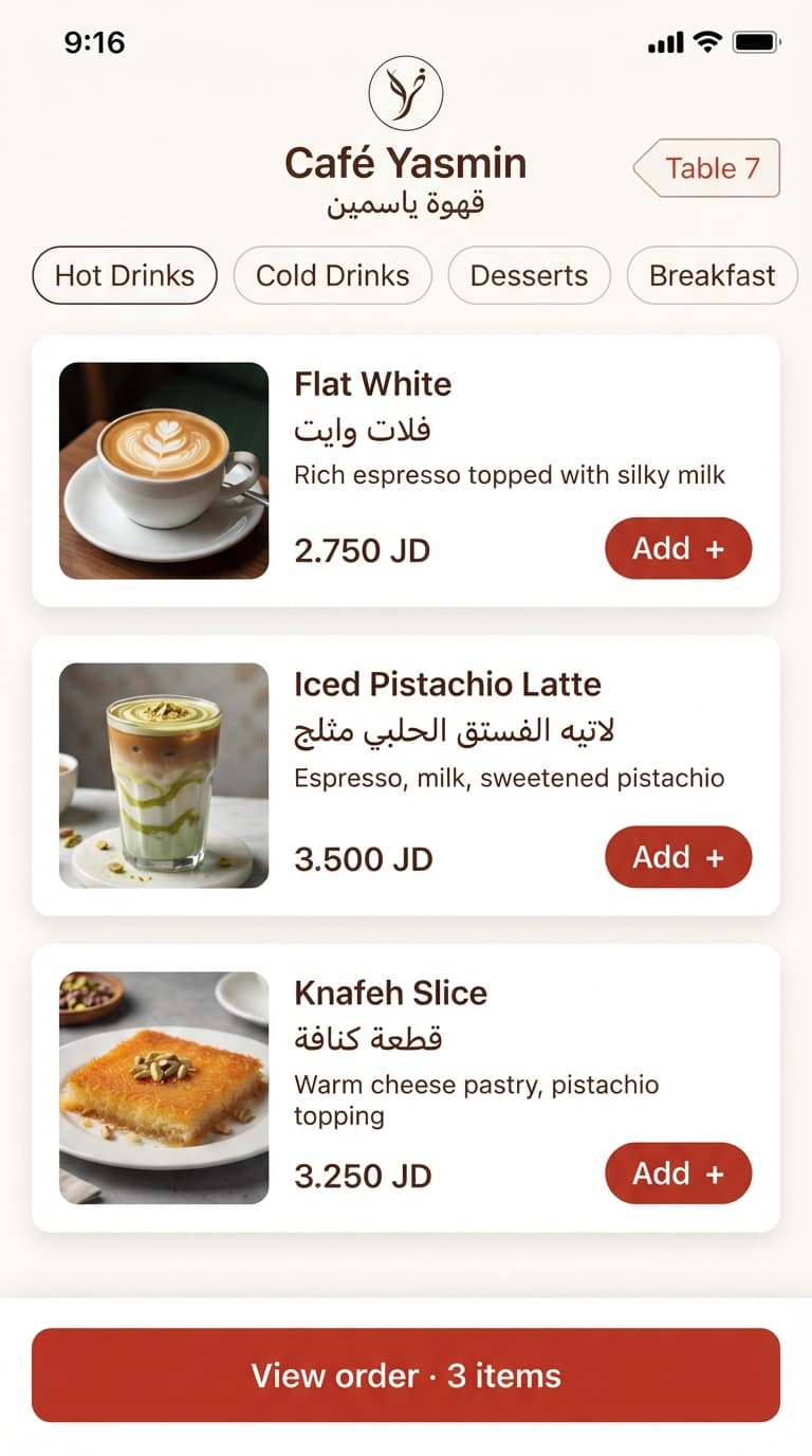 A café menu open on a guest's phone