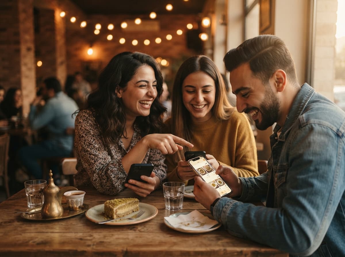 Friends at a café table ordering together from their phones
