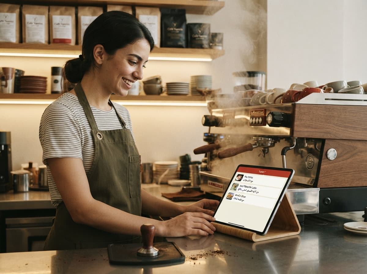 A barista at the counter with a new order on the screen